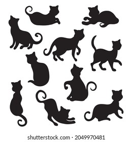 Collection of 10 black Halloween cats on white background - Vector illustration