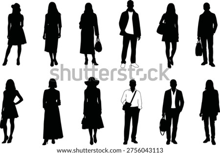 A collection of 10 black silhouettes of men and women in business attire on a white background
