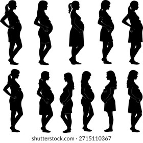 Coleção de 10 silhuetas vetoras pretas de mulheres grávidas em vários estágios e poses, enfatizando a barriga, isoladas sobre um fundo branco.