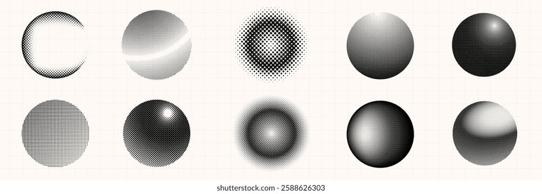 A collection of 10 black and white halftone spheres. Each sphere features unique halftone patterns, creating a variety of textures and gradients. Halftone shapes, element vector set.