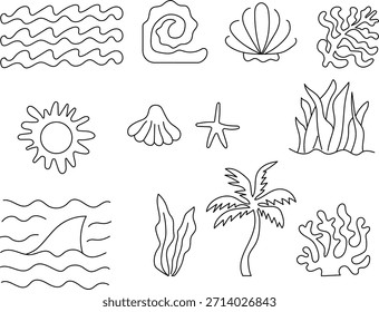Una colección de 10 dibujos de líneas en blanco y negro de Elementos tropicales isleños