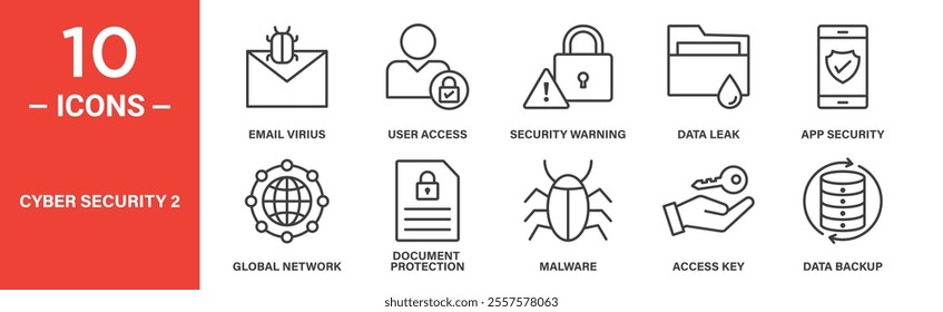 A collection of 10 cybersecurity icons, including email virus, user access, data leak, malware, app security, and data backup for secure technology and digital safety concepts.