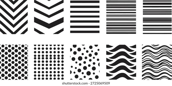 Una colección de 10 patrones diferentes en blanco y negro con varias texturas y diseños que incluyen rayas, puntos y chevrones