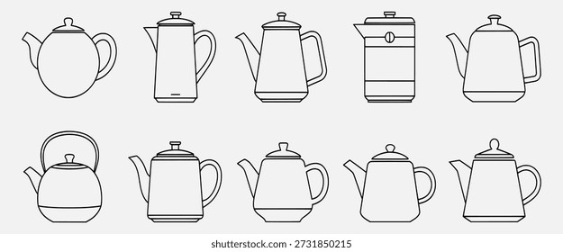 Coleção de 10 diferentes desenhos de bule em contorno preto em um fundo cinza claro, mostrando várias formas e estilos.