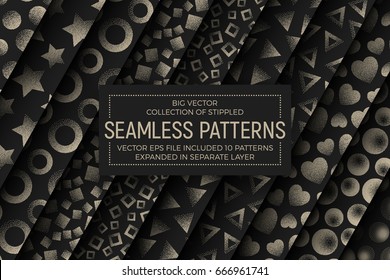 Collection of 10 Different Vector Abstract Stippled Seamless Patterns. Handmade Tileable Vintage and Retro Style Geometric Dotted Grunge Background. Design Element