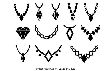Coleção de 10 elegantes ícones de colar e pingente de diamante, desenhos de joias vetoriais minimalistas em preto e branco