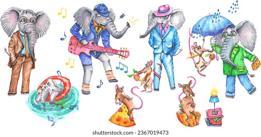 Collection of 10 elements of elephants. Smart, singing, swimming elephants. Friendship between elephants and mice