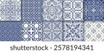 Collection of 10 flower Azulejo tiles. Seamless colorful patterns in azulejo style.  Floor tile oriental collection seamless textures. Portugal spanish ceramics. Vector