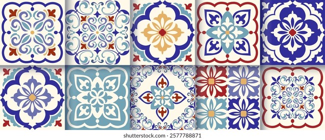 Collection of 10 flower Azulejo tiles. Seamless colorful patterns in azulejo style.  Floor tile oriental collection seamless textures. Portugal spanish ceramics. Vector