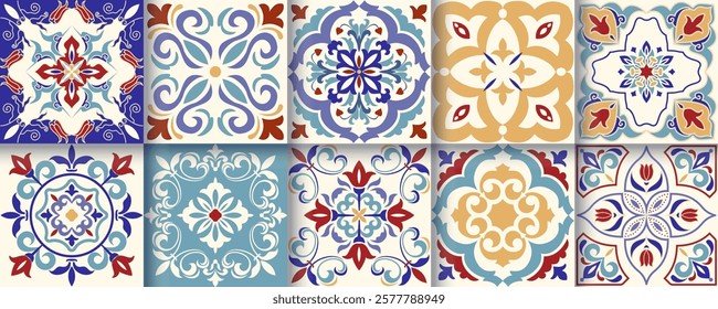 Collection of 10 flower Azulejo tiles. Seamless colorful patterns in azulejo style.  Floor tile oriental collection seamless textures. Portugal spanish ceramics. Vector