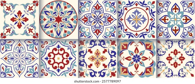 Collection of 10 flower Azulejo tiles. Seamless colorful patterns in azulejo style.  Floor tile oriental collection seamless textures. Portugal spanish ceramics. Vector