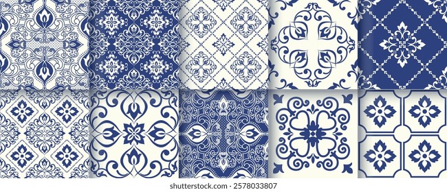 Collection of 10 flower Azulejo tiles. Seamless colorful patterns in azulejo style.  Floor tile oriental collection seamless textures. Portugal spanish ceramics. Vector