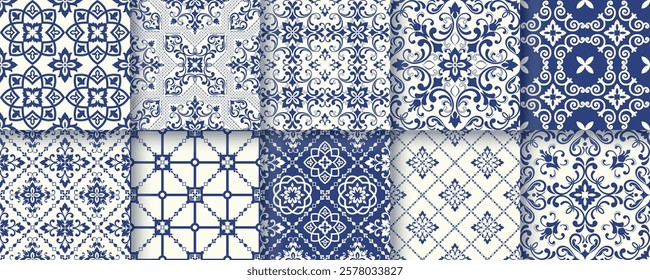 Collection of 10 flower Azulejo tiles. Seamless colorful patterns in azulejo style.  Floor tile oriental collection seamless textures. Portugal spanish ceramics. Vector