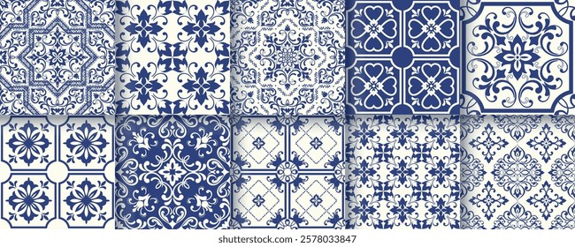 Collection of 10 flower Azulejo tiles. Seamless colorful patterns in azulejo style.  Floor tile oriental collection seamless textures. Portugal spanish ceramics. Vector