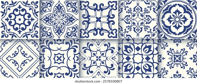 Collection of 10 flower Azulejo tiles. Seamless colorful patterns in azulejo style.  Floor tile oriental collection seamless textures. Portugal spanish ceramics. Vector