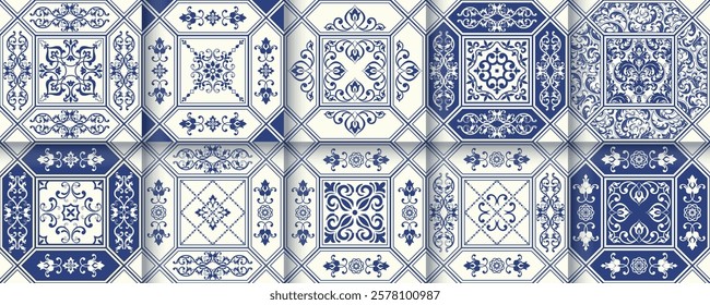 Collection of 10 flower Azulejo tiles. Seamless colorful patterns in azulejo style.  Floor tile oriental collection seamless textures. Portugal spanish ceramics. Vector