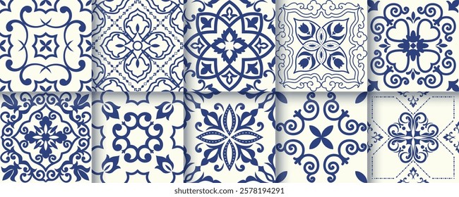 Collection of 10 flower Azulejo tiles. Seamless colorful patterns in azulejo style.  Floor tile oriental collection seamless textures. Portugal spanish ceramics. Vector