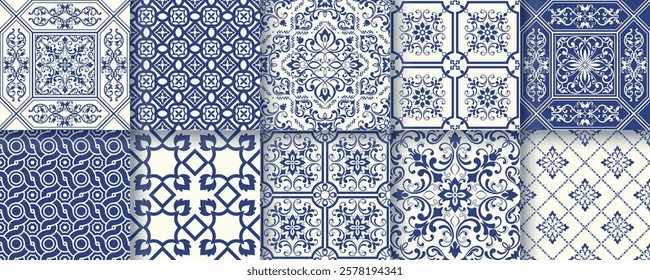 Collection of 10 flower Azulejo tiles. Seamless colorful patterns in azulejo style.  Floor tile oriental collection seamless textures. Portugal spanish ceramics. Vector