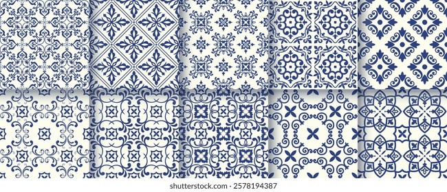 Collection of 10 flower Azulejo tiles. Seamless colorful patterns in azulejo style.  Floor tile oriental collection seamless textures. Portugal spanish ceramics. Vector