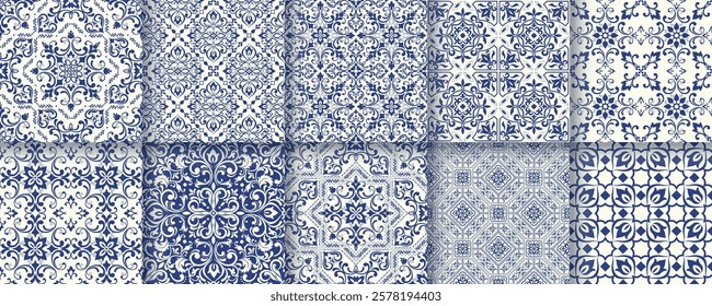 Collection of 10 flower Azulejo tiles. Seamless colorful patterns in azulejo style.  Floor tile oriental collection seamless textures. Portugal spanish ceramics. Vector