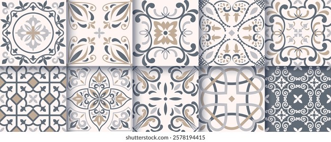 Collection of 10 flower Azulejo tiles. Seamless colorful patterns in azulejo style.  Floor tile oriental collection seamless textures. Portugal spanish ceramics. Vector