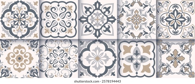 Collection of 10 flower Azulejo tiles. Seamless colorful patterns in azulejo style.  Floor tile oriental collection seamless textures. Portugal spanish ceramics. Vector