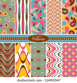 Collection of 10 geometric colorful seamless pattern background. Great for web page backgrounds, wallpapers, interiors, home decor, apparel, etc. Vector file includes pattern swatch for each pattern.