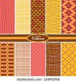 Collection of 10 geometric colorful seamless pattern background. Great for web page backgrounds, wallpapers, interiors, home decor, apparel, etc. Vector file includes pattern swatch for each pattern.