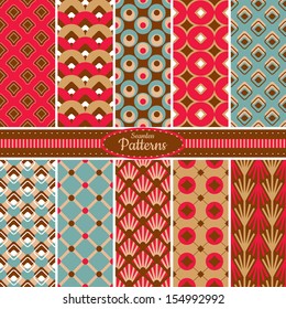 Collection of 10 geometric colorful seamless pattern background. Great for web page backgrounds, wallpapers, interiors, home decor, apparel, etc. Vector file includes pattern swatch for each pattern.