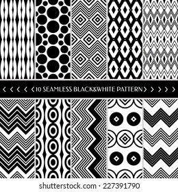 Collection of 10 geometric seamless pattern background. Great for web page backgrounds, wallpapers, interiors, home decor, apparel, etc.Vector file includes pattern swatch for each pattern.
