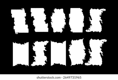 A collection of 10 grungy, torn-edge paper frame silhouettes in high contrast black and white. These irregular, ink style borders are perfect for digital scrapbooking, retro posters, photo overlays.