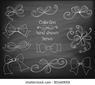 Collection of 10 hand drawn bows. Elements for design on chalkboard background.