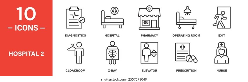 A collection of 10 hospital-themed icons featuring diagnostics, pharmacy, operating room, X-ray, prescriptions, nurse, and related medical services.