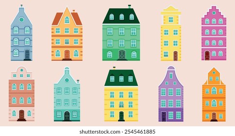 Collection of 10  houses in european style. Set of facades of buildings. Amsterdam style buildings. Cartoon  facades. Colorful houses set. Old city houses. Flat design. Vector illustration.