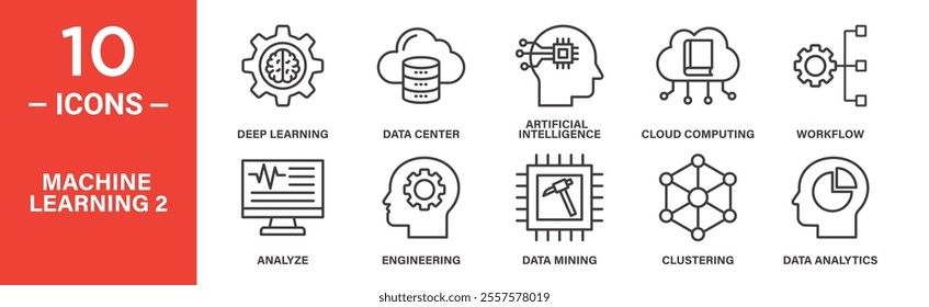 A collection of 10 icons focusing on advanced machine learning themes like deep learning, AI, data mining, clustering, cloud computing, and analytics processes.