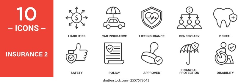 A collection of 10 insurance icons covering liabilities, car insurance, life insurance, dental, policy, financial protection, and disability, ensuring diverse protection options.