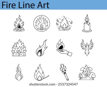 A collection of 10 line art icons depicting various representations of fire, including campfires, flames, a candle, a torch, and a phoenix.