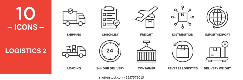 A collection of 10 logistics icons representing shipping, freight, distribution, import and export, containers, and delivery weight, perfect for supply chain visuals.