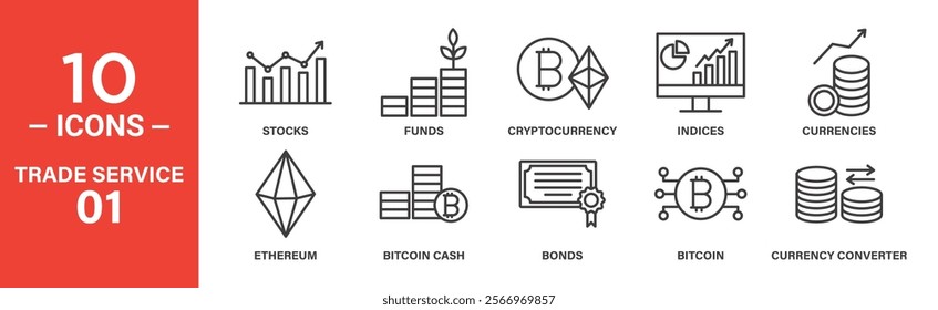 A collection of 10 minimalist line icons showcasing trade and financial concepts, including stocks, funds, cryptocurrency, indices, currencies, Ethereum, Bitcoin Cash, bonds, Bitcoin, and a currency c