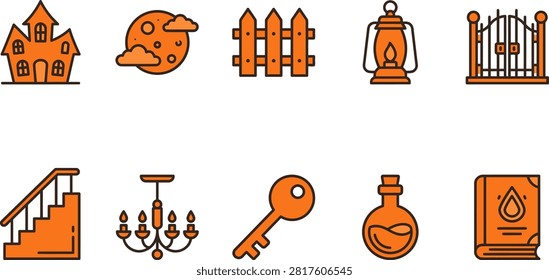 A collection of 10 orange icons on a white background depicting Halloween-themed elements like houses, moons, and mysterious objects.