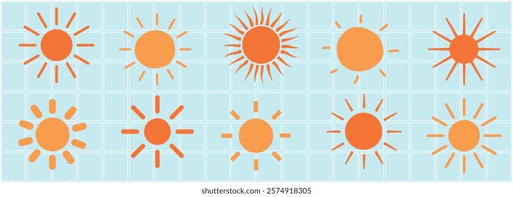 Collection of 10 orange sun icons on a light blue grid. Sun icons vary in style. Bright sun icons create a cheerful, sunny design. Weather icons, isolated vector element set.