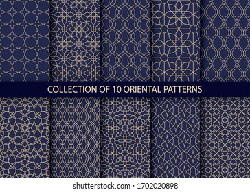 Collection of 10 oriental patterns. Dark blue and gold background with Arabic ornaments. Patterns, backgrounds and wallpapers for your design. Textile ornament. Vector illustration.