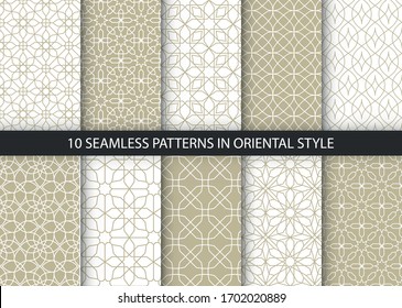 Sammlung von 10 orientalischen Mustern. Weißer und goldener Hintergrund mit arabischen Verzierungen. Muster, Hintergründe und Hintergrundbilder für Ihr Design. Textilverzierungen. Vektorillustration.