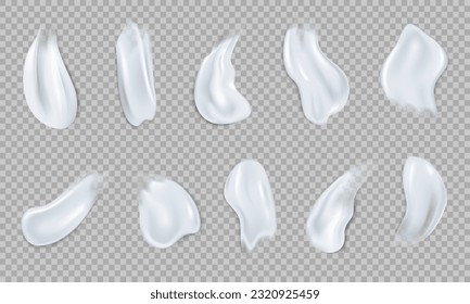  Collection of 10 realistic stroke samples of skincare product. Top view of cream smears isolated on transparent background. Creamy or lotion texture, white cosmetic swatches