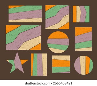 A collection of 10 retro vector background elements. Various shapes like squares, circles, and stars are filled with colorful, grungy textured stripes. For creating vintage 70s-style layouts.
