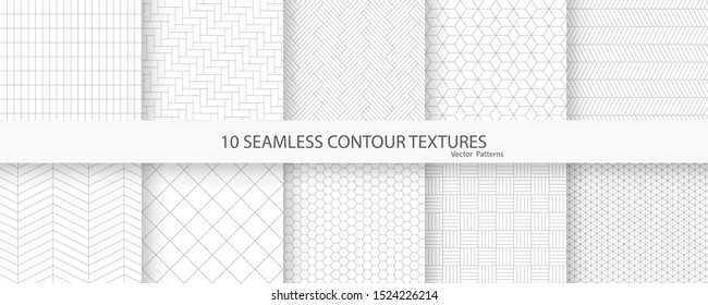 Collection of 10 seamless contour textures. Geometric tiled ornamental creative patterns.
