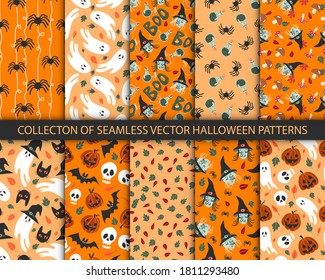 Collection of 10 seamless halloween patterns in childish doodle style. Orange colors, funny autumn textures with ghosts, witch, black cats, spiders, bats, sculls and pumpkins