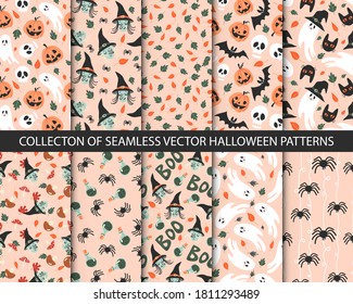 Collection of 10 seamless halloween patterns in childish doodle style. Retro colors, funny autumn textures with ghosts, witch, black cats, spiders, bats, sculls and pumpkins