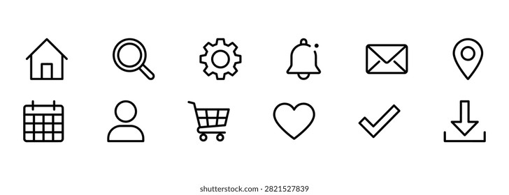 A collection of 10 simple, black outline icons representing common interface elements. The icons include a house, a magnifying glass, a gear, a bell, an envelope, a map pin, a calendar, a user silhoue
