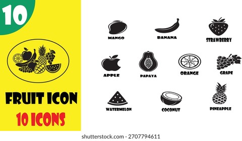 Colección de 10 íconos simples de frutas en estilo silueta